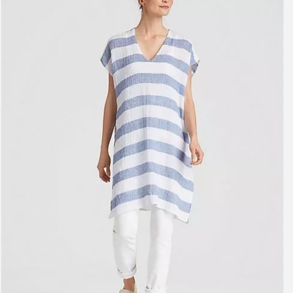 EILEEN FISHER Chambray Blue Stripe Linen Crinkle Gauze Tunic Top, Size S/M